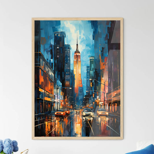 Skyscrapers Of Manhattan New York Usa - A City Street With Cars And A Tall Building Framed Art