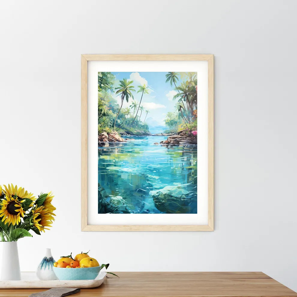 Split Shot Of Tropical Island - A River With Framed Print