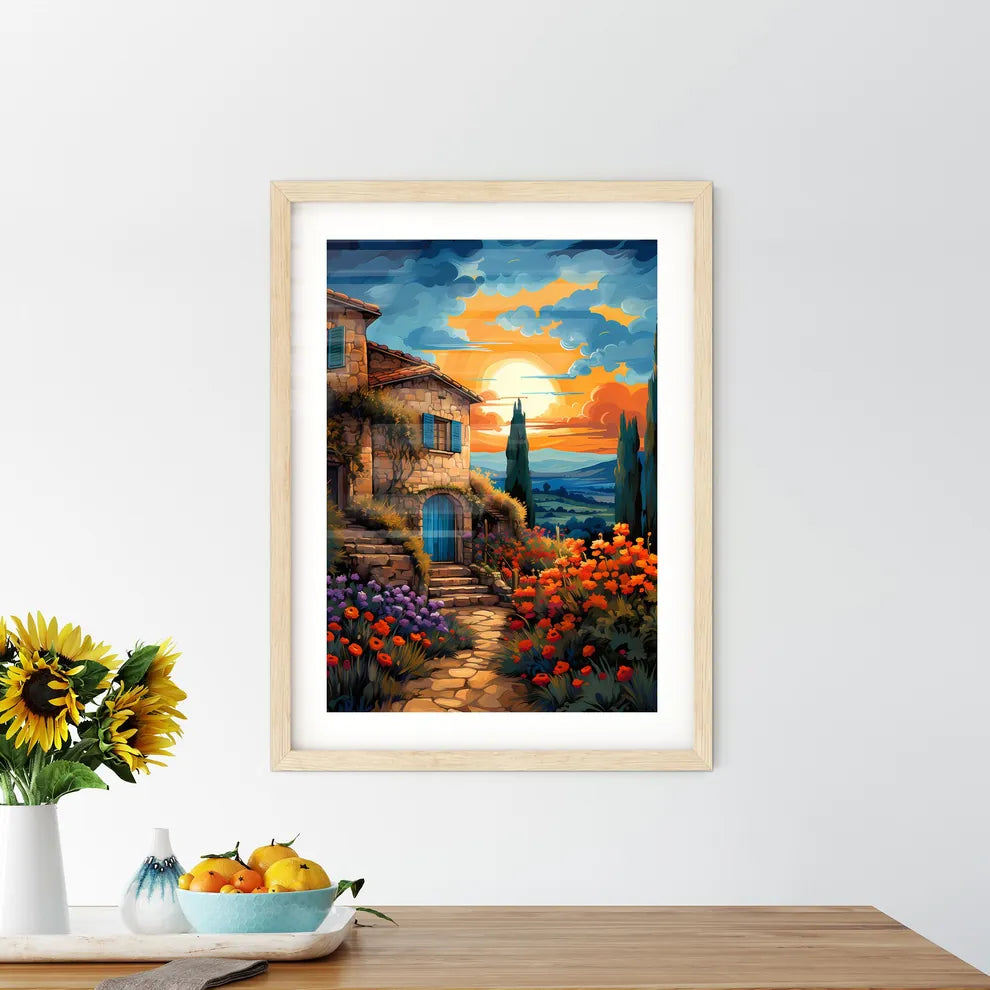 Typical Tuscan Farmhouse - A Painting Of A House With Flowers And Trees Custom Print