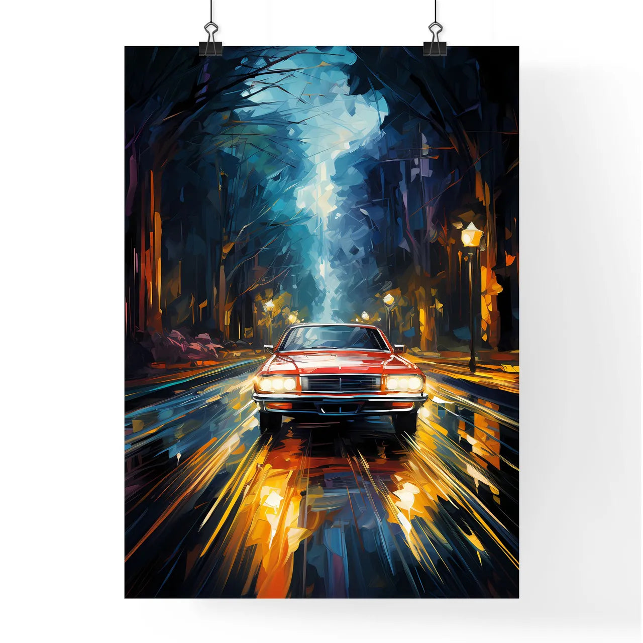Urban Road Car Light Trails - A Car Driving On A Wet Road Poster