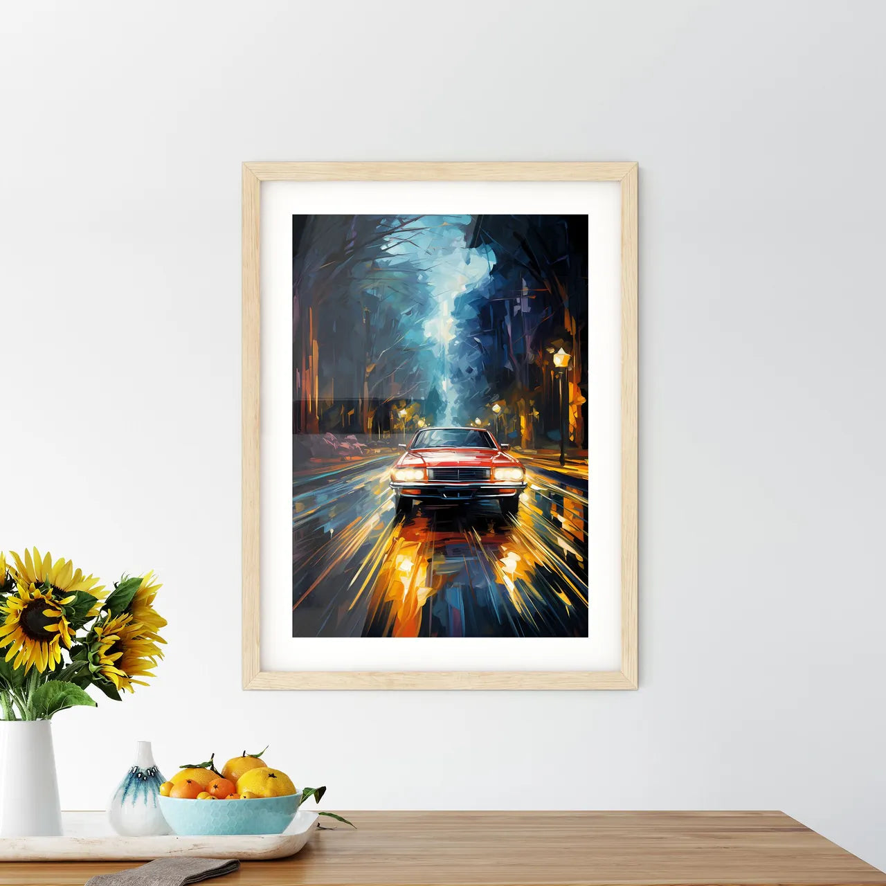 Urban Road Car Light Trails - A Car Driving On A Wet Road Custom Print