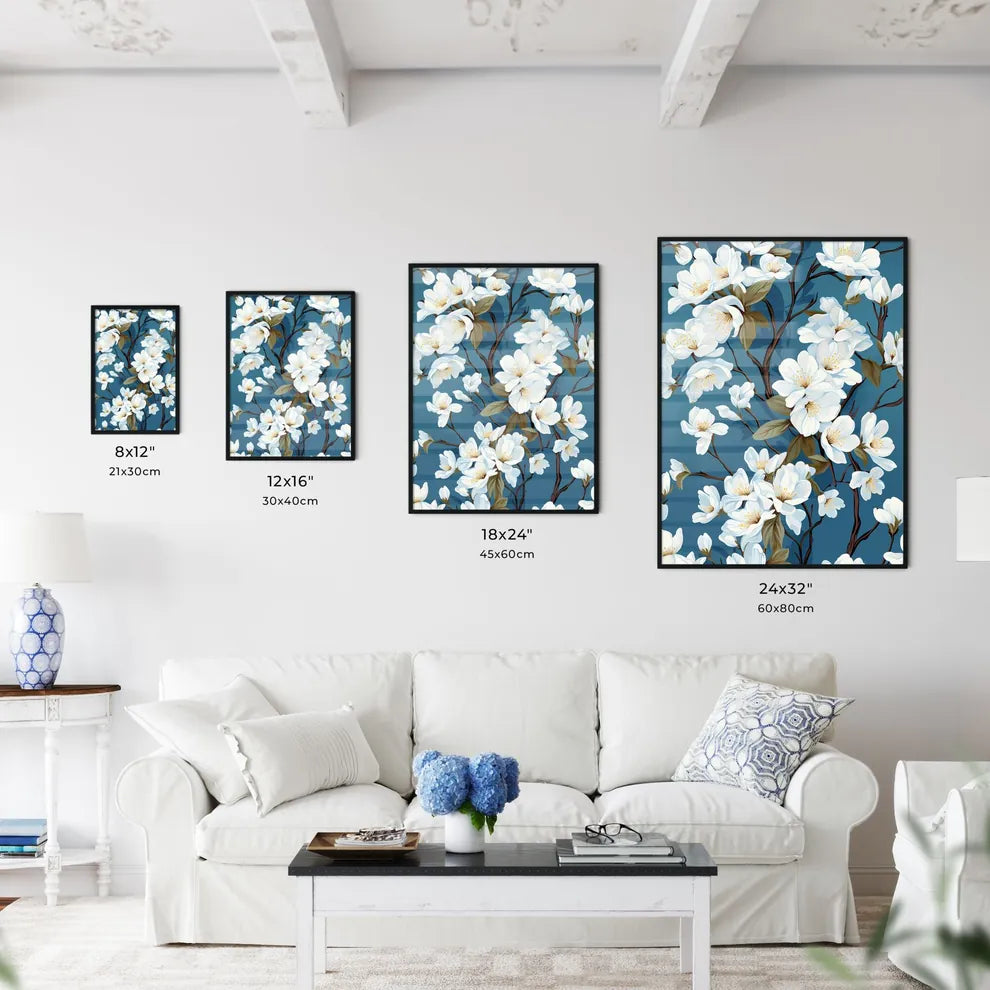 White Flowers On Blue Background - A Close U - Kitchen Hangings