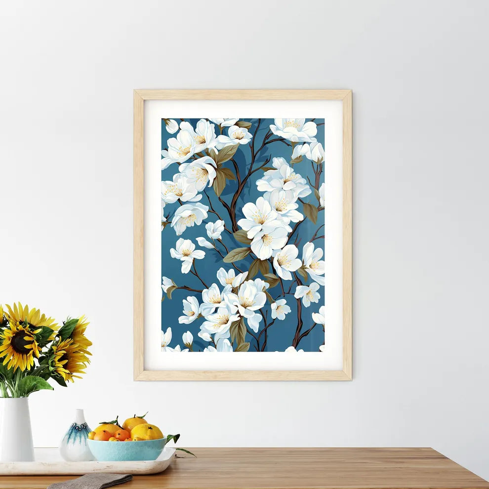 White Flowers On Blue Background - A Close U Framed Print