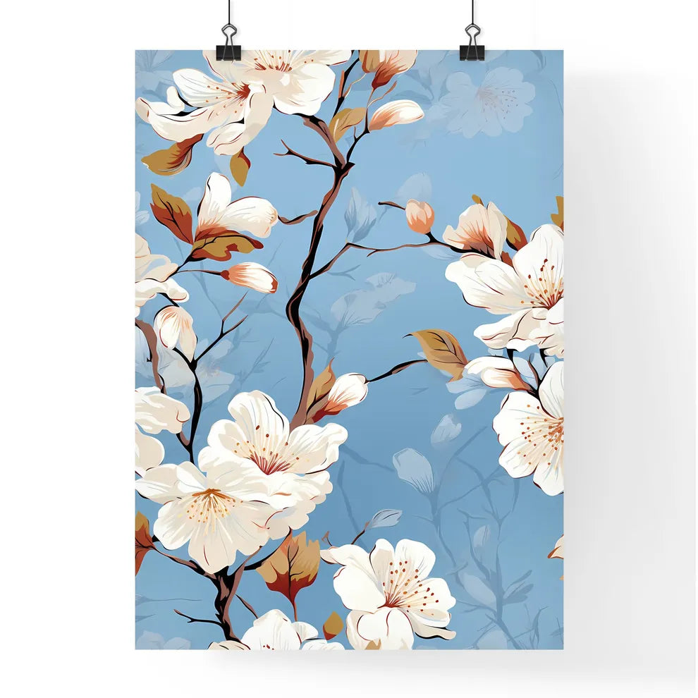 White Flowers On Blue Background - A White F Poster
