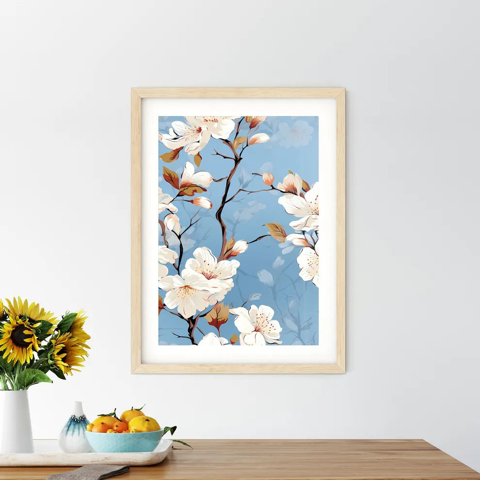 White Flowers On Blue Background - A White F Framed Print