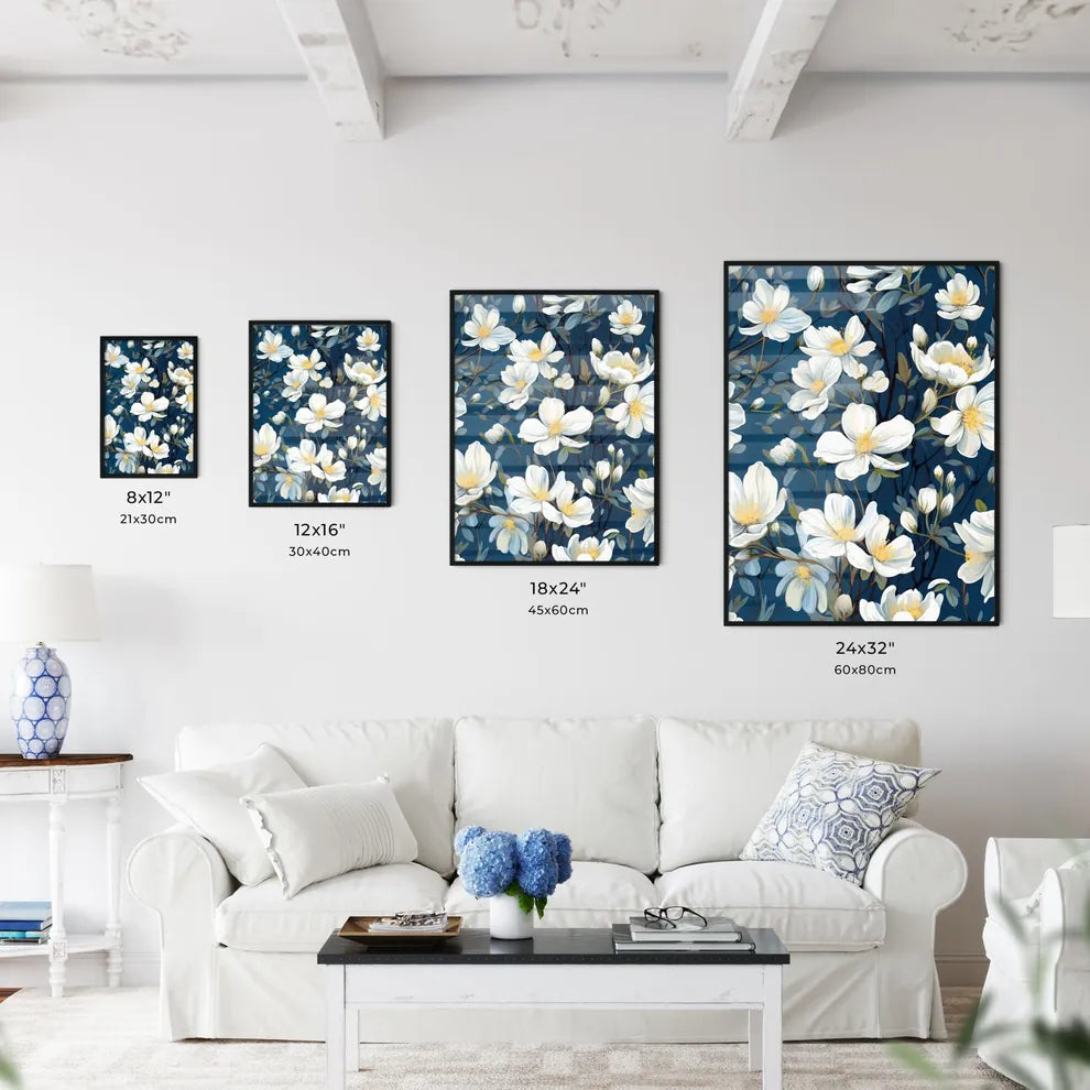 White Flowers On Blue Background - A Close U - Kitchen Hangings