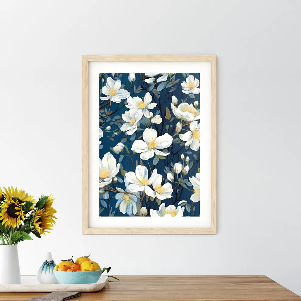 White Flowers On Blue Background - A Close U Framed Print