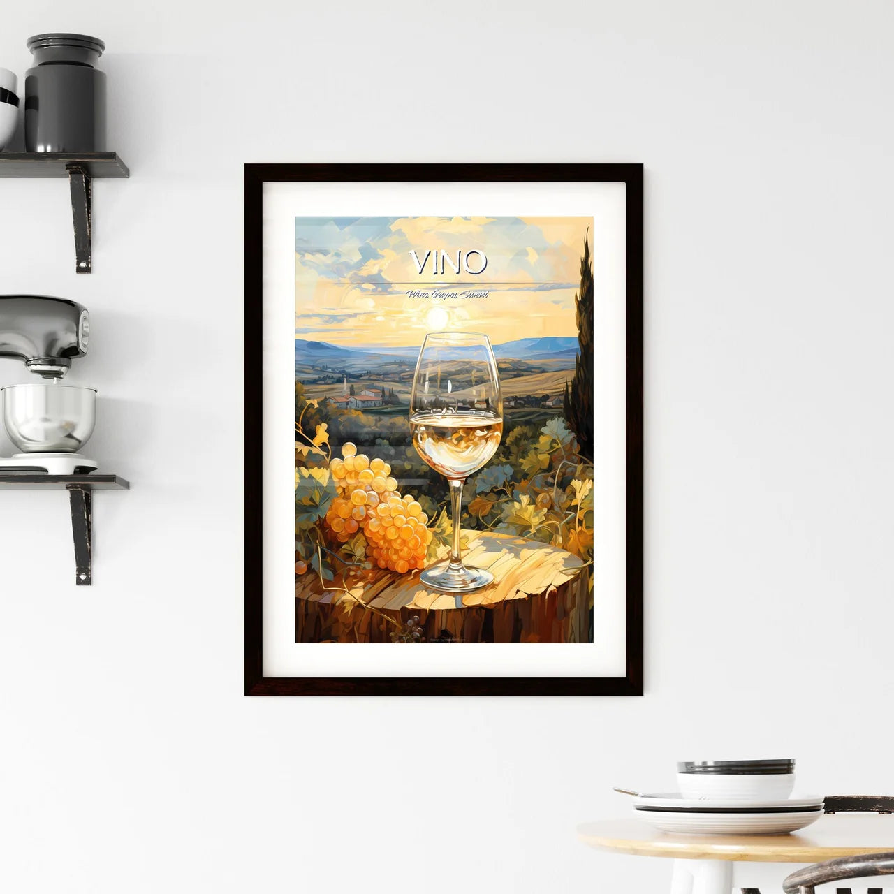 White Wine On Background Of Evening Vineyard Framed Print