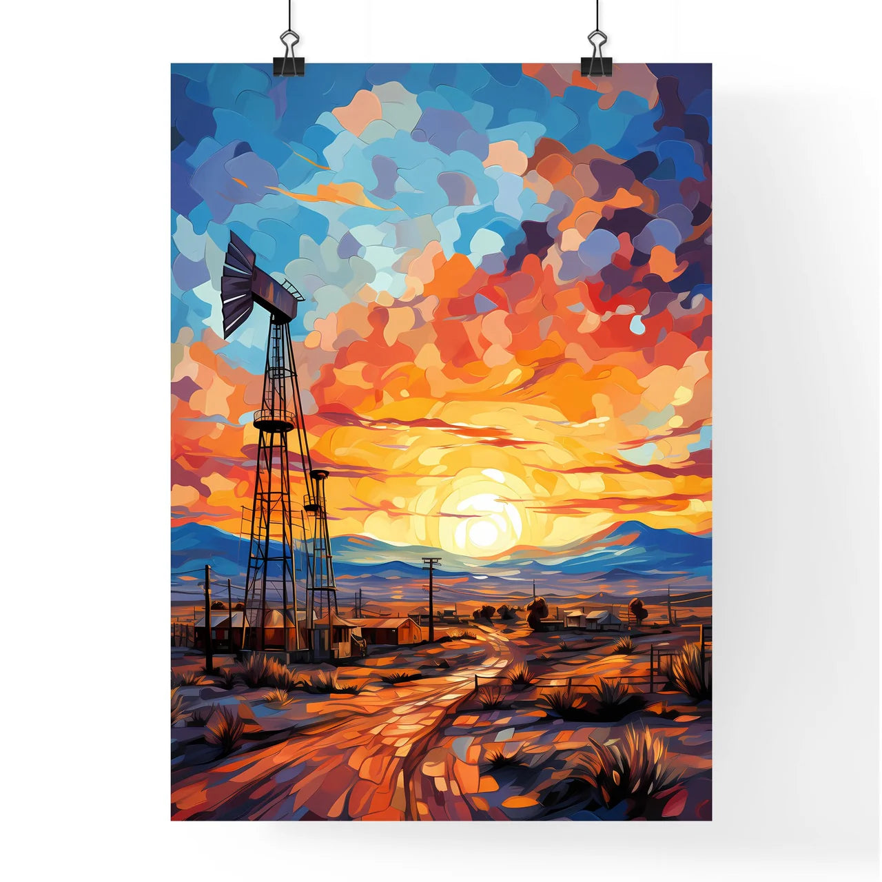 Working Oil Pump In Deserted District At Sun Poster