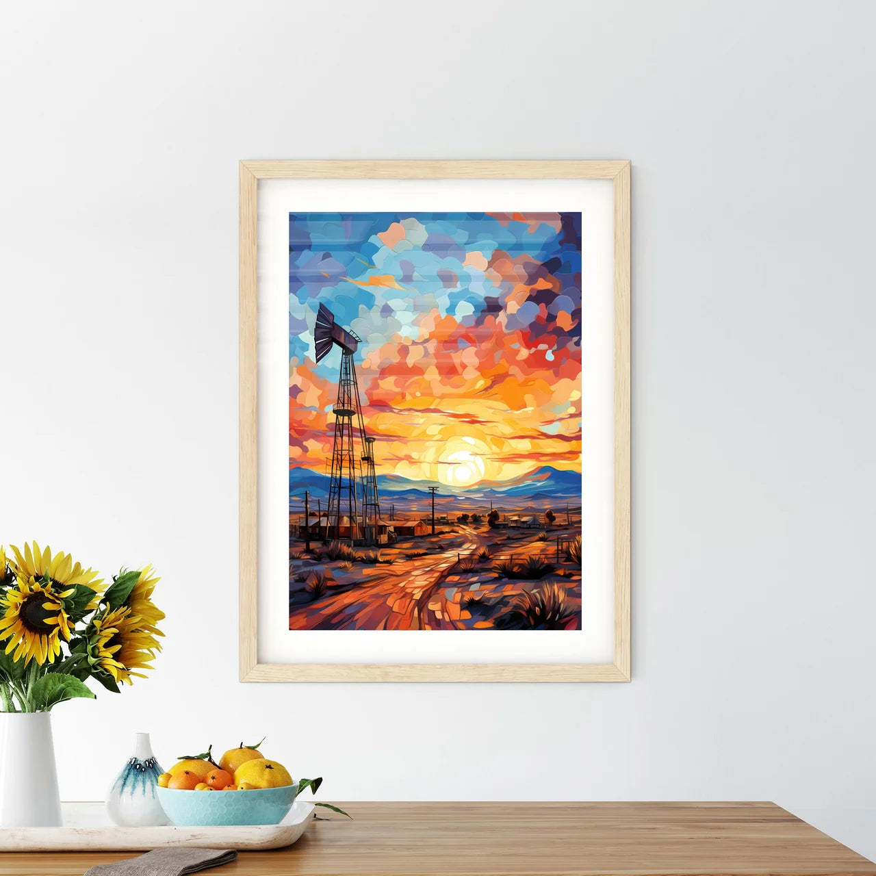 Working Oil Pump In Deserted District At Sun Framed Print