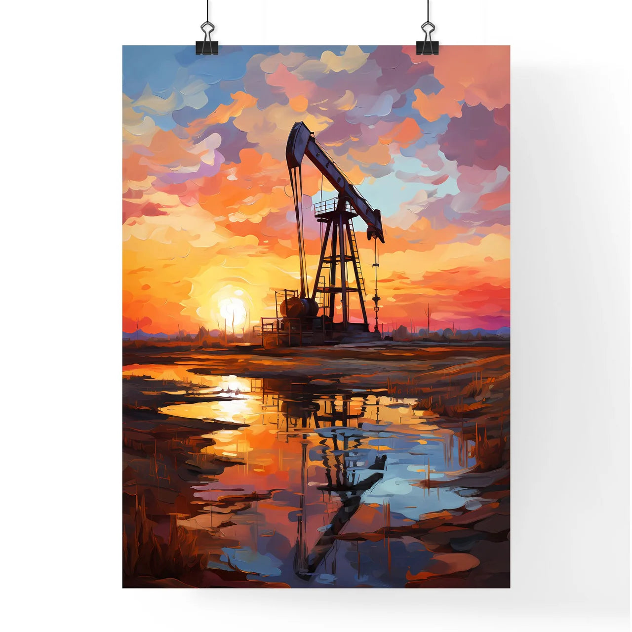 Working Oil Pump In Deserted District At Sun Poster