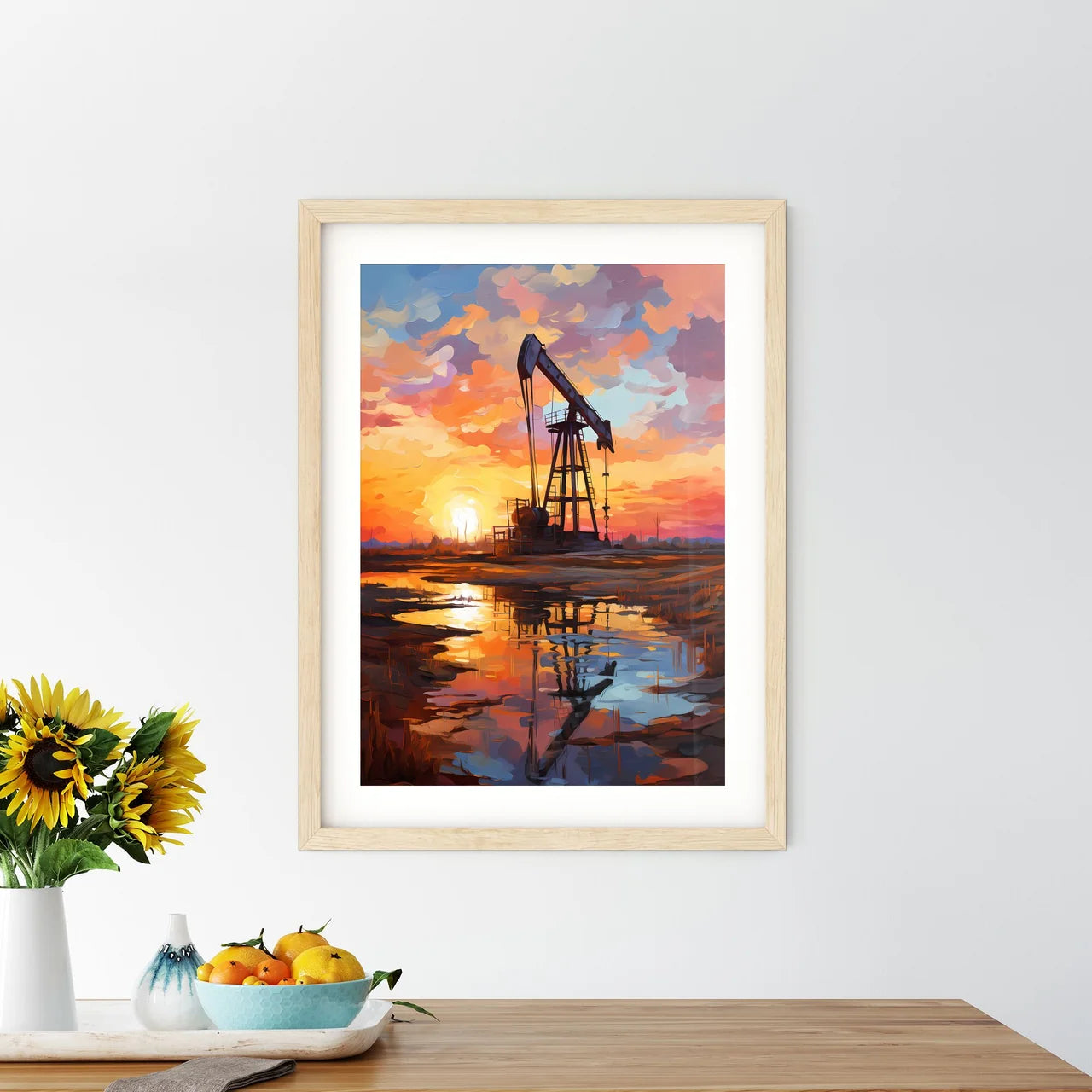 Working Oil Pump In Deserted District At Sun Framed Print