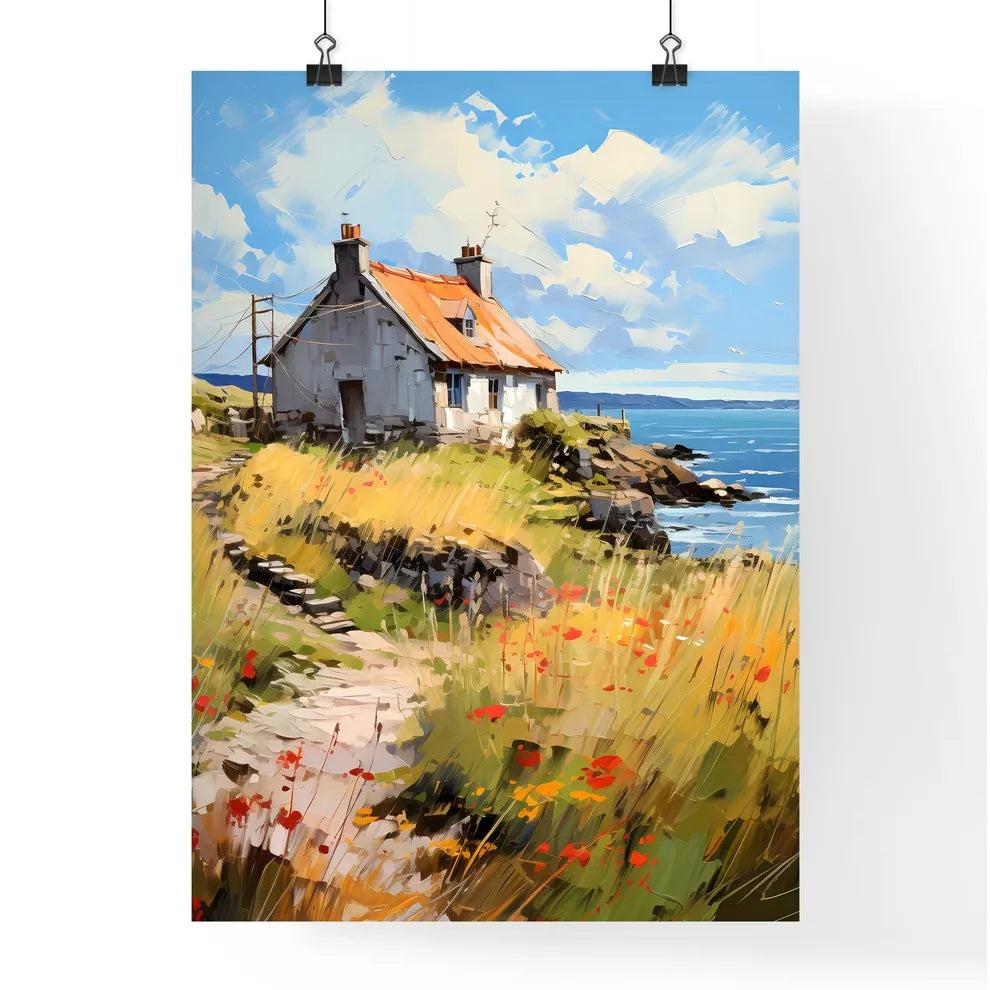 A Thatched - A House On A Hill By The Water Poster