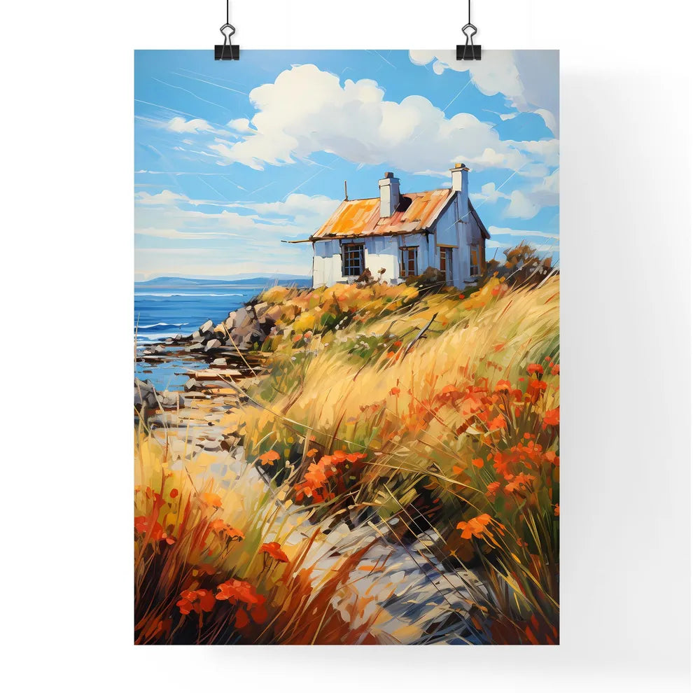 A Thatched - A House On A Hill By The Water Poster