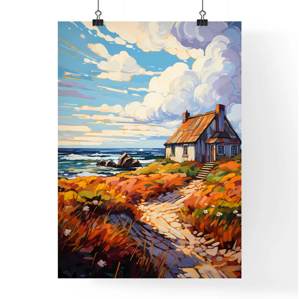 A Thatched - A House On A Hill By The Ocean Poster