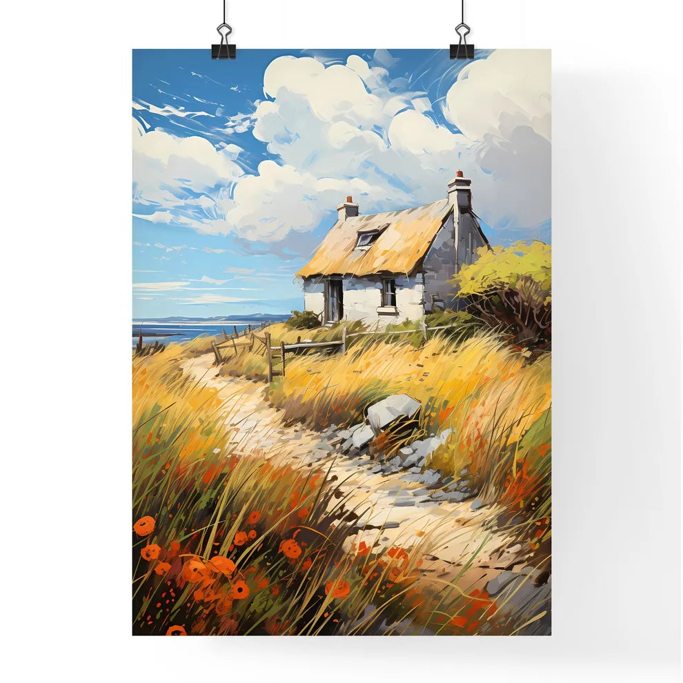 A Thatched - A House On A Hill With Grass And Flowers Poster