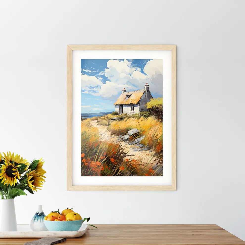 A Thatched - A House On A Hill With Grass And Flowers Custom Print