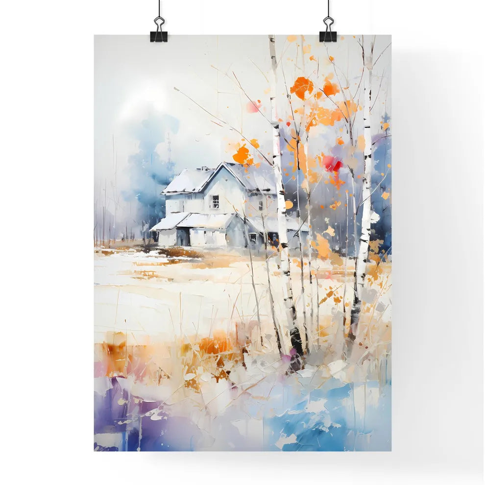 Abstract Rural Landscape With Small - A Painting Of A House In A Snowy Field Poster