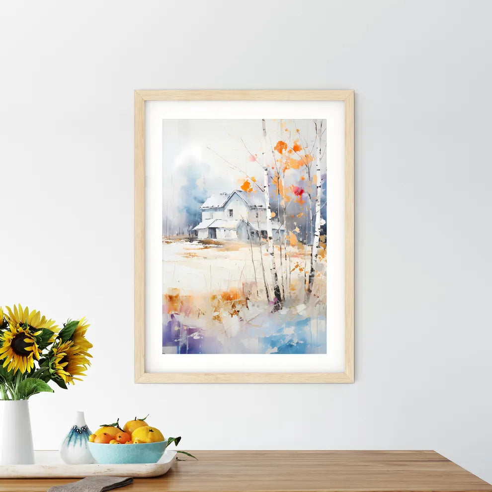 Abstract Rural Landscape With Small - A Painting Of A House In A Snowy Field Custom Print