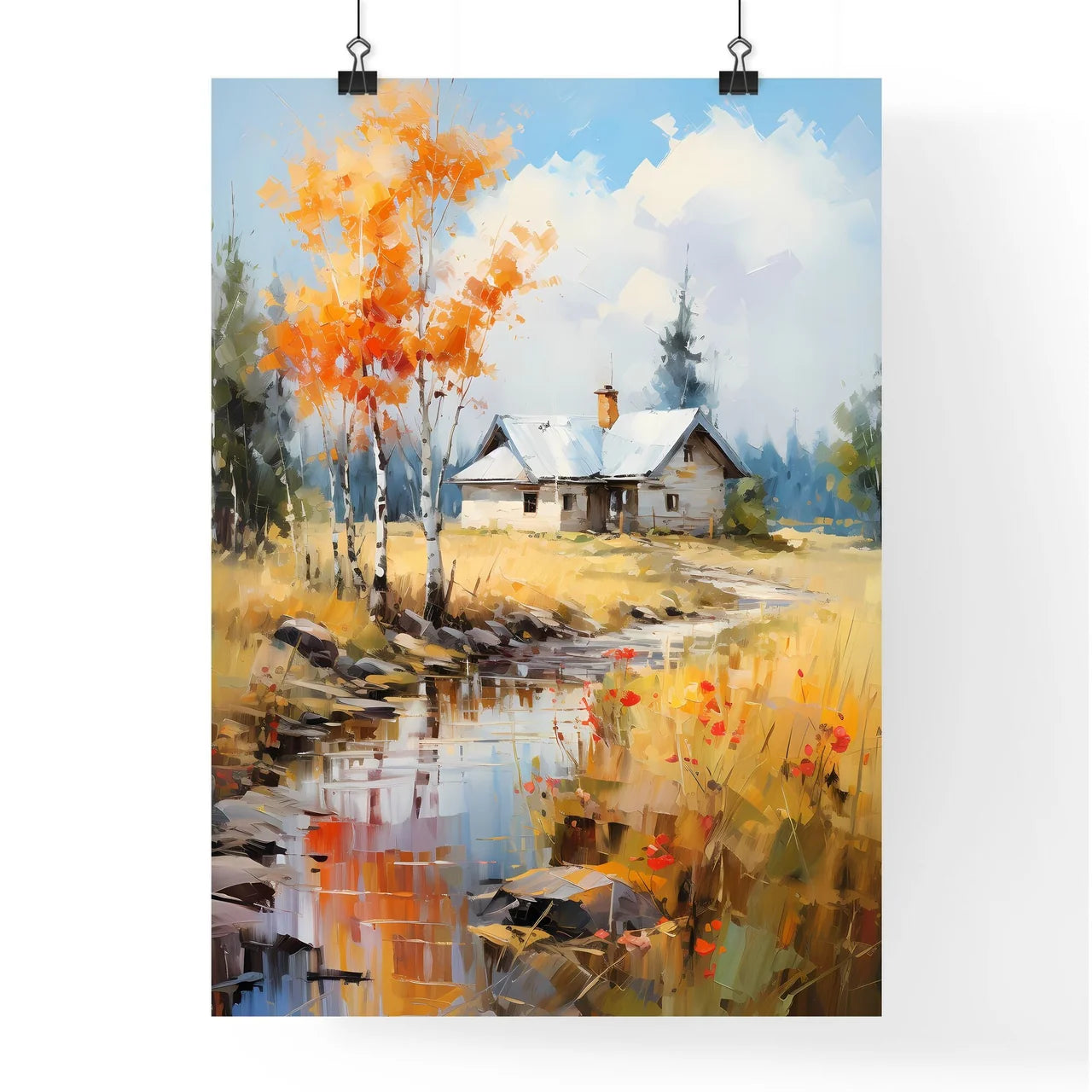 Abstract Rural Landscape With Small - A House By A Stream Poster