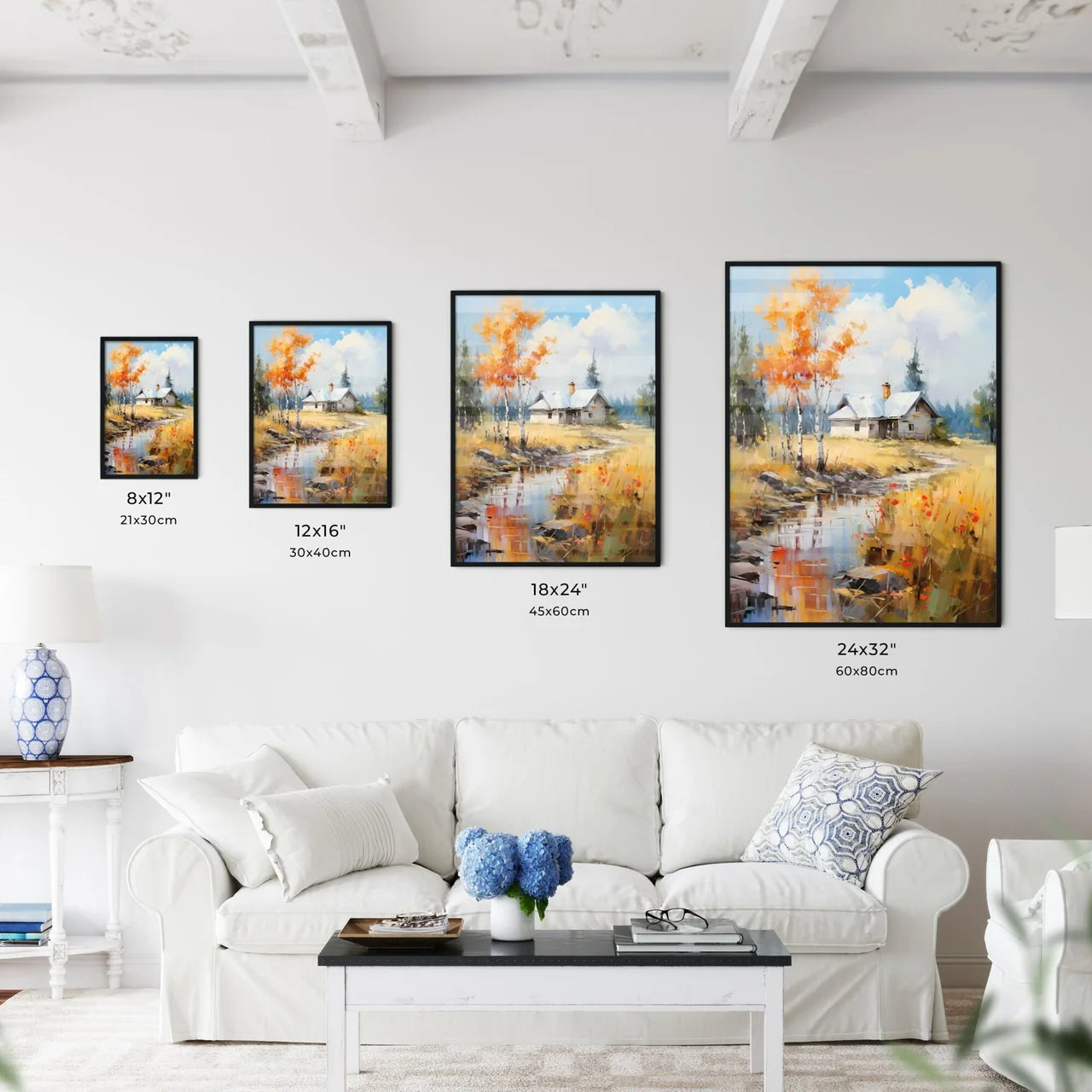 Abstract Rural Landscape With Small - A House By A Stream Size Chart