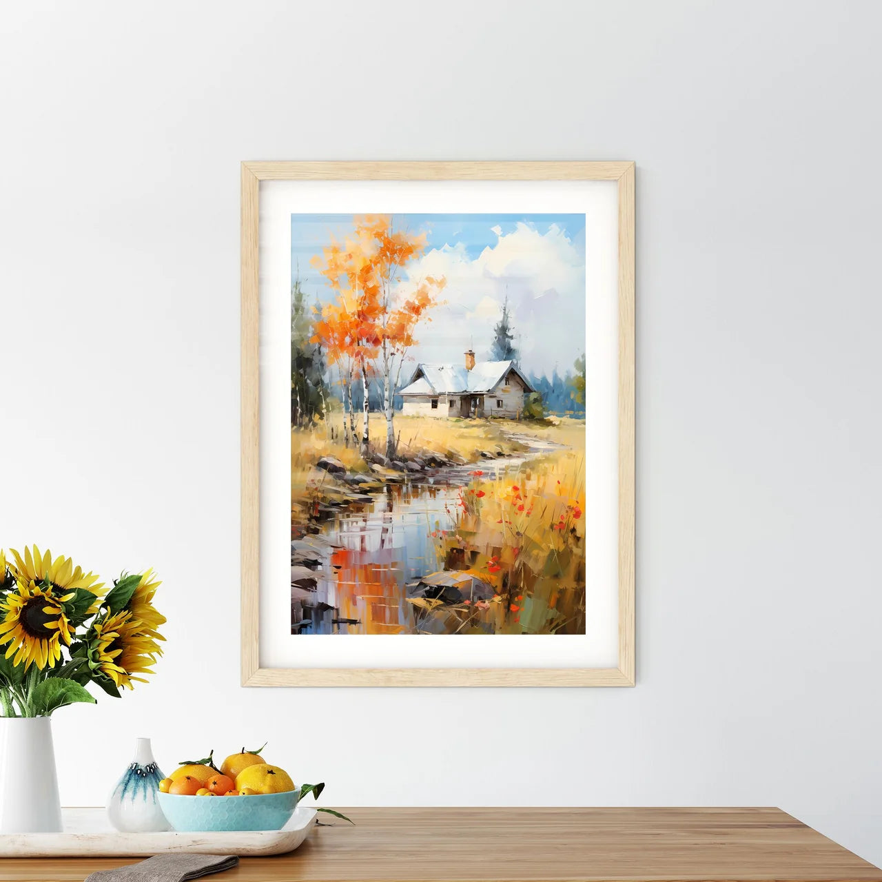 Abstract Rural Landscape With Small - A House By A Stream Custom Print