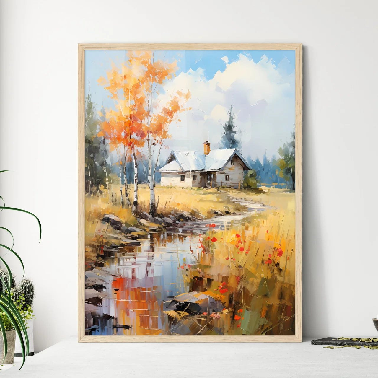 Abstract Rural Landscape With Small - A House By A Stream Framed Art