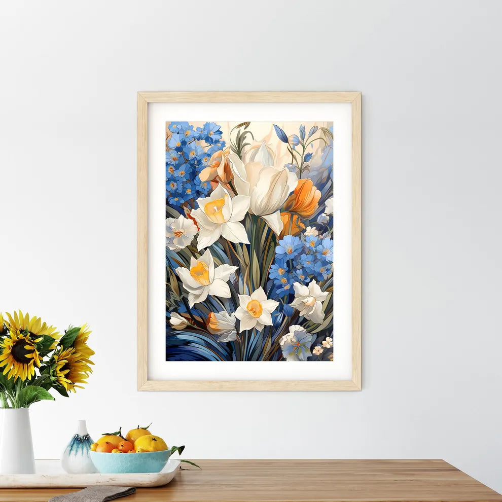 Beautiful Field Of Spring Flowers With Narci Framed Print