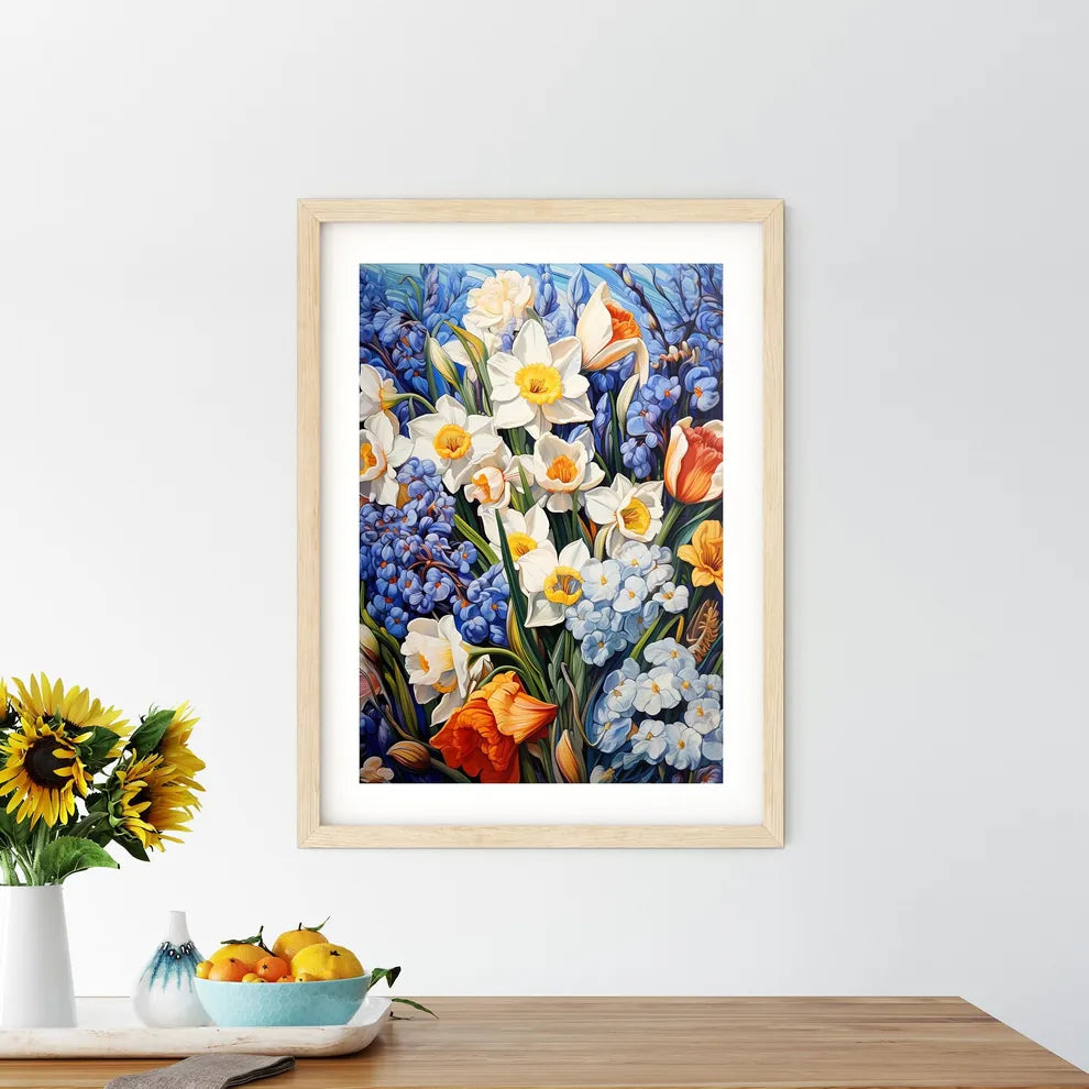 Beautiful Field Of Spring Flowers With Narci Framed Print