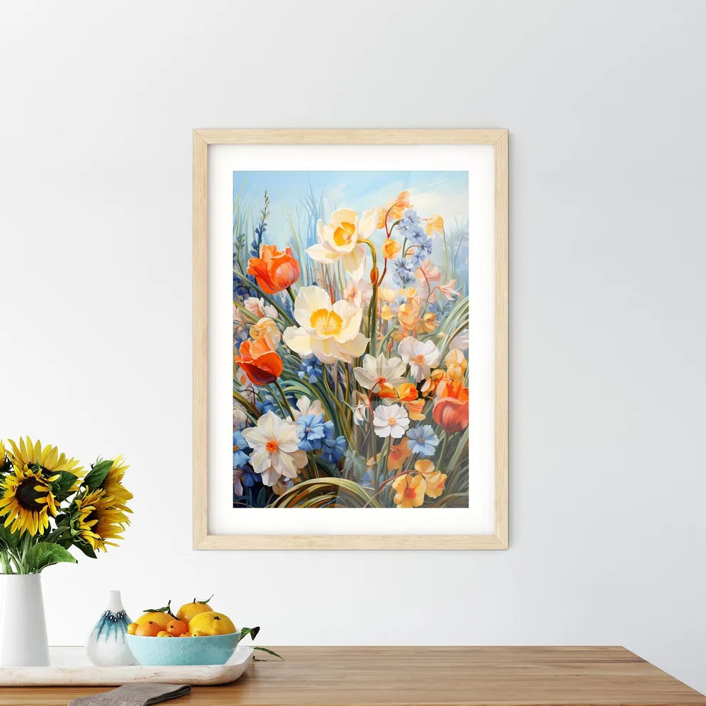 Beautiful Field Of Spring Flowers With Narci Framed Print