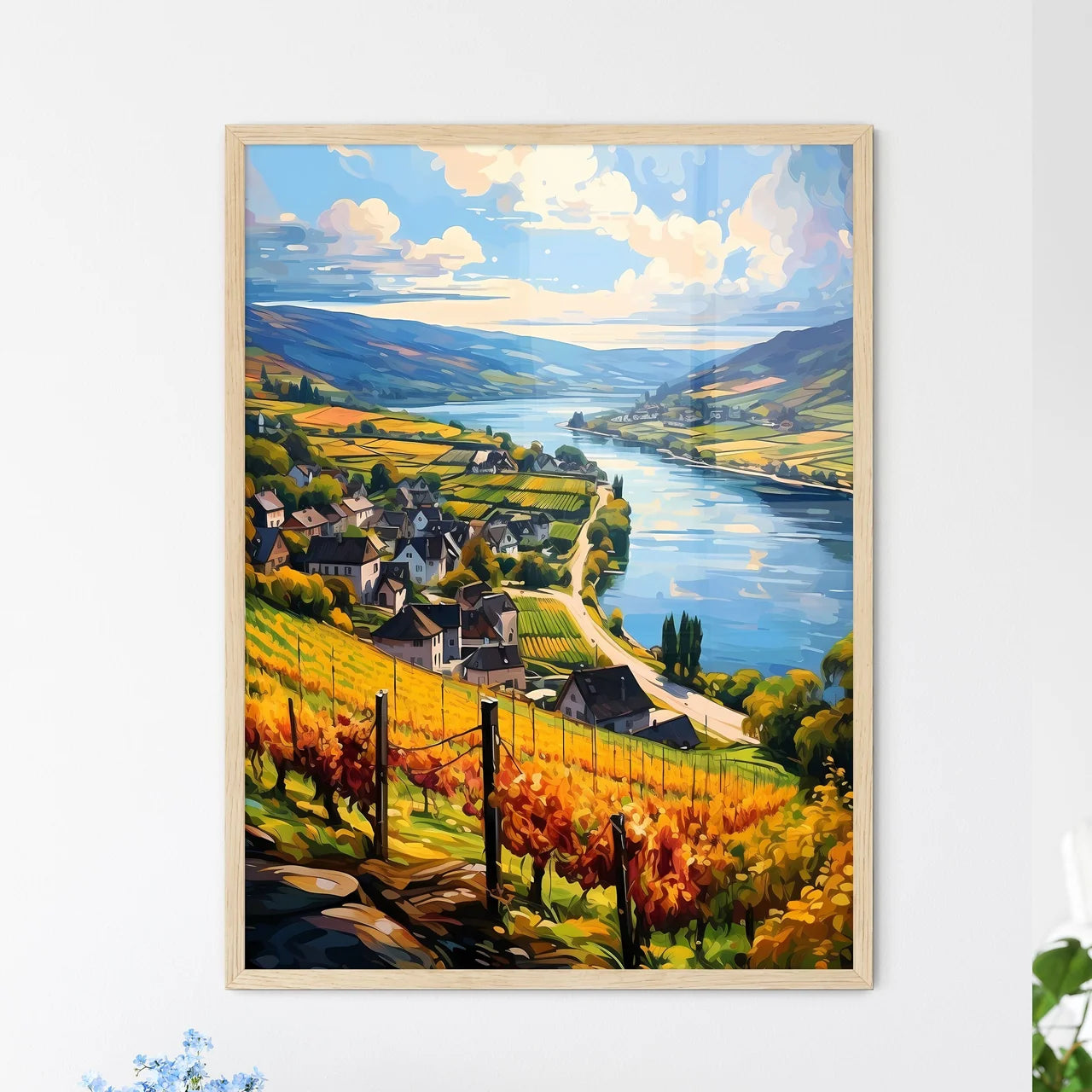 Beautiful Village And Vineyards Along The Mosel River - A River Running Through A Valley Framed Art