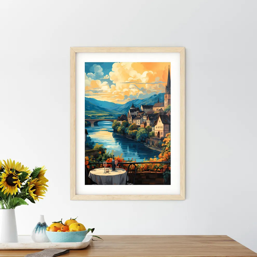 Beautiful Village And Vineyards Along The Mosel River - A Painting Of A Town By A River Custom Print