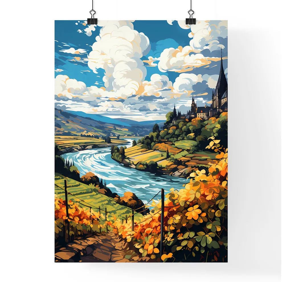 Beautiful Village And Vineyards Along The Mosel River - A River Running Through A Valley With A Castle On The Hill Poster