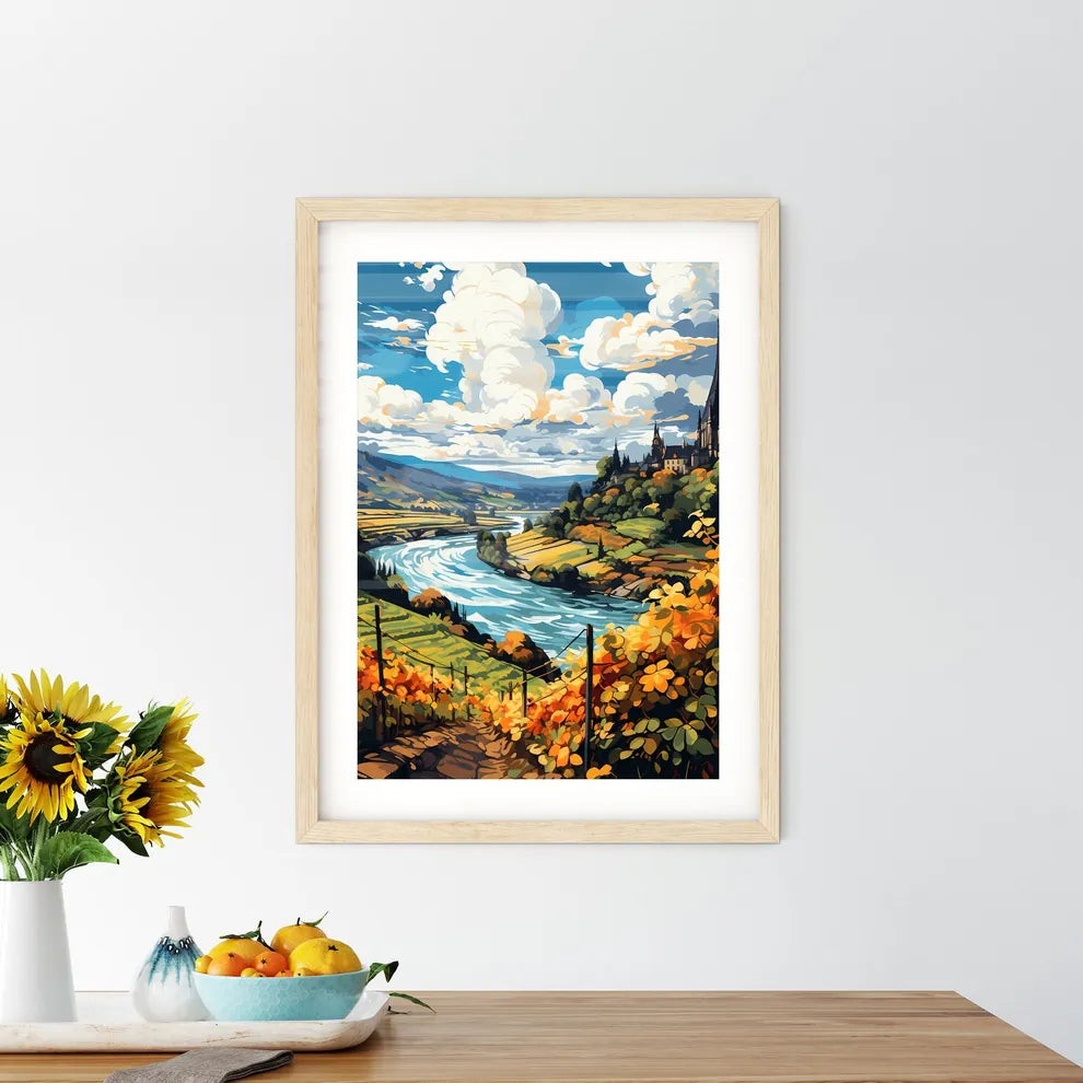 Beautiful Village And Vineyards Along The Mosel River - A River Running Through A Valley With A Castle On The Hill Custom Print