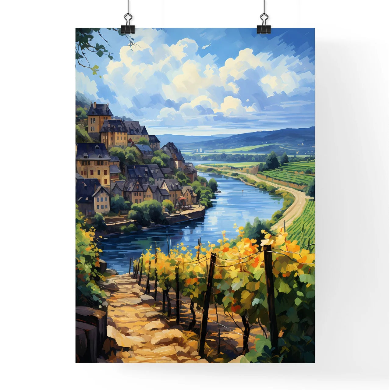 Beautiful Village And Vineyards Along The Mosel River - A River Running Through A Valley With Houses And Vineyards Poster
