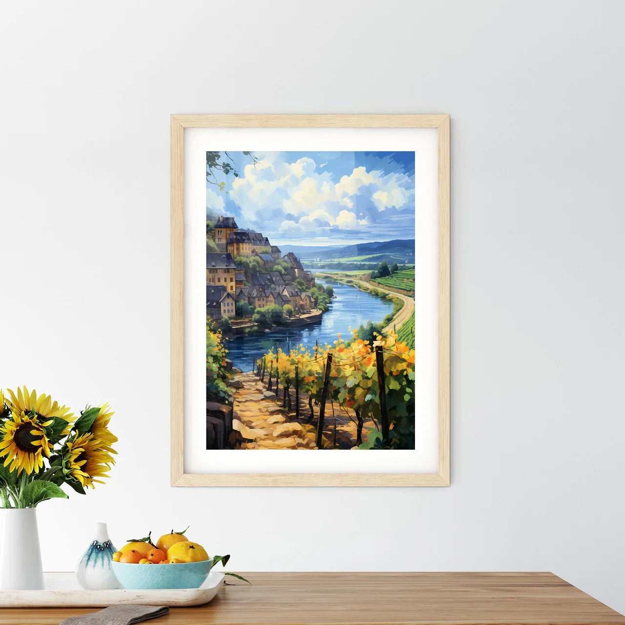 Beautiful Village And Vineyards Along The Mosel River - A River Running Through A Valley With Houses And Vineyards Custom Print