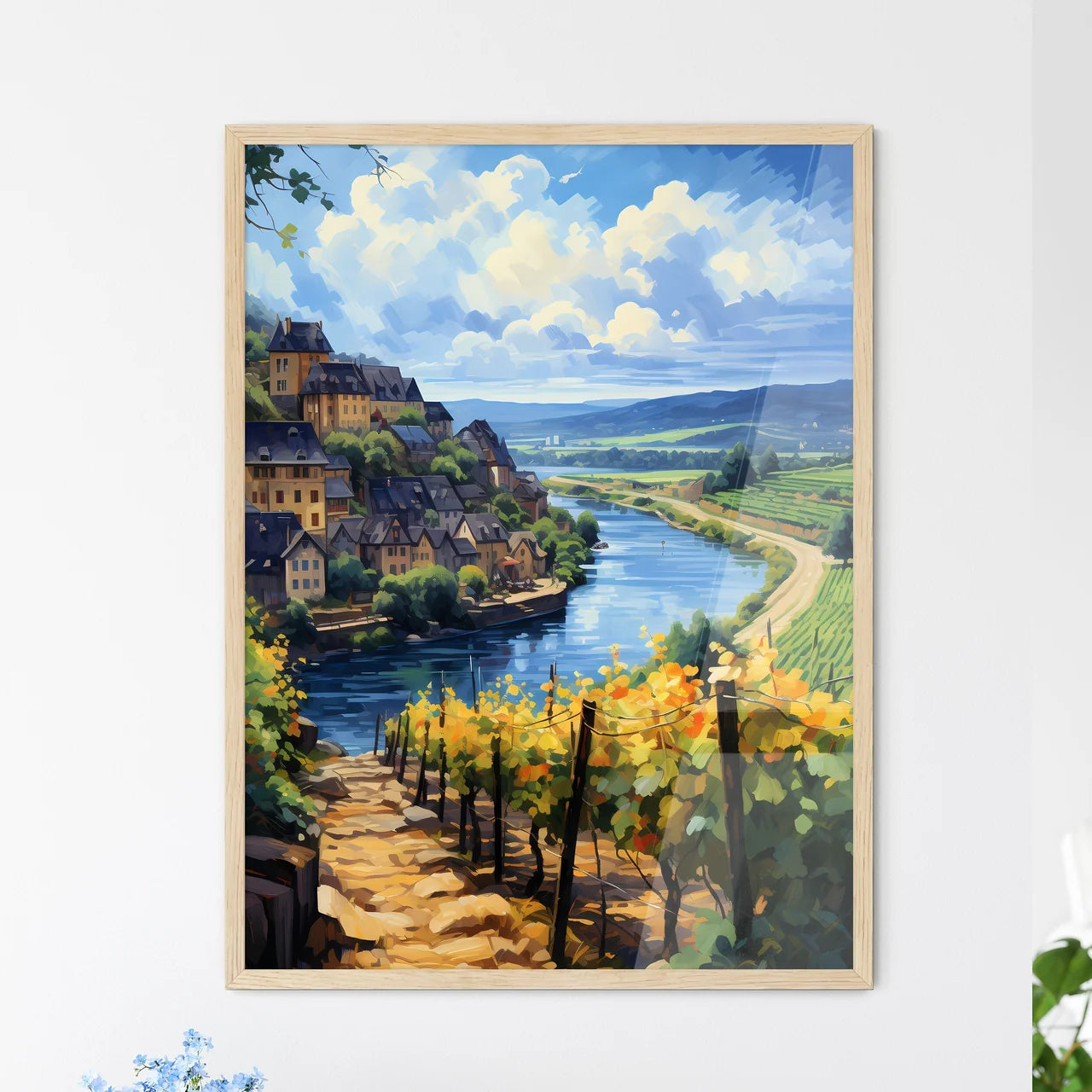 Beautiful Village And Vineyards Along The Mosel River - A River Running Through A Valley With Houses And Vineyards Framed Art