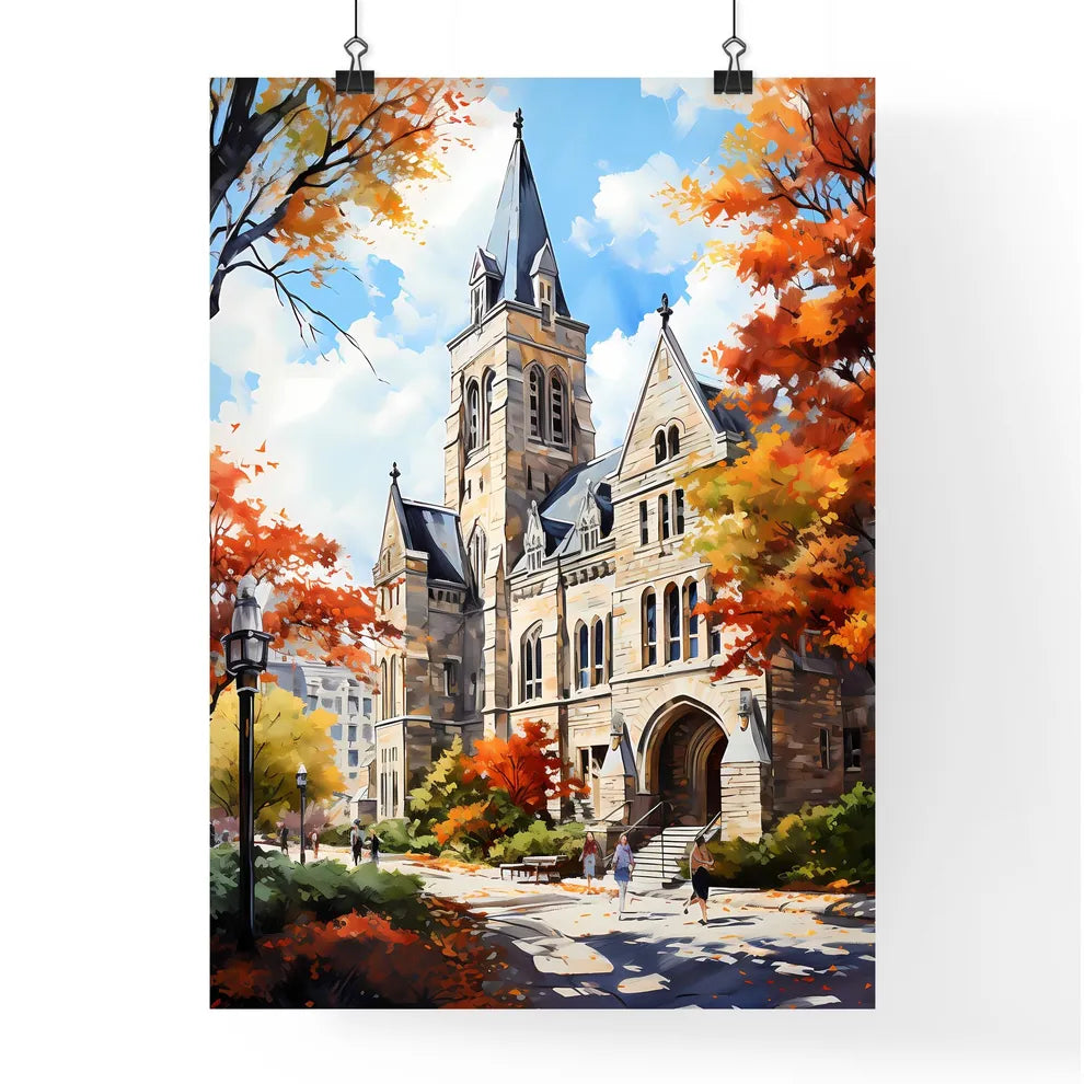 Building At Colgate University Located In - A Building With A Tower And A Walkway With Trees And People Walking Poster