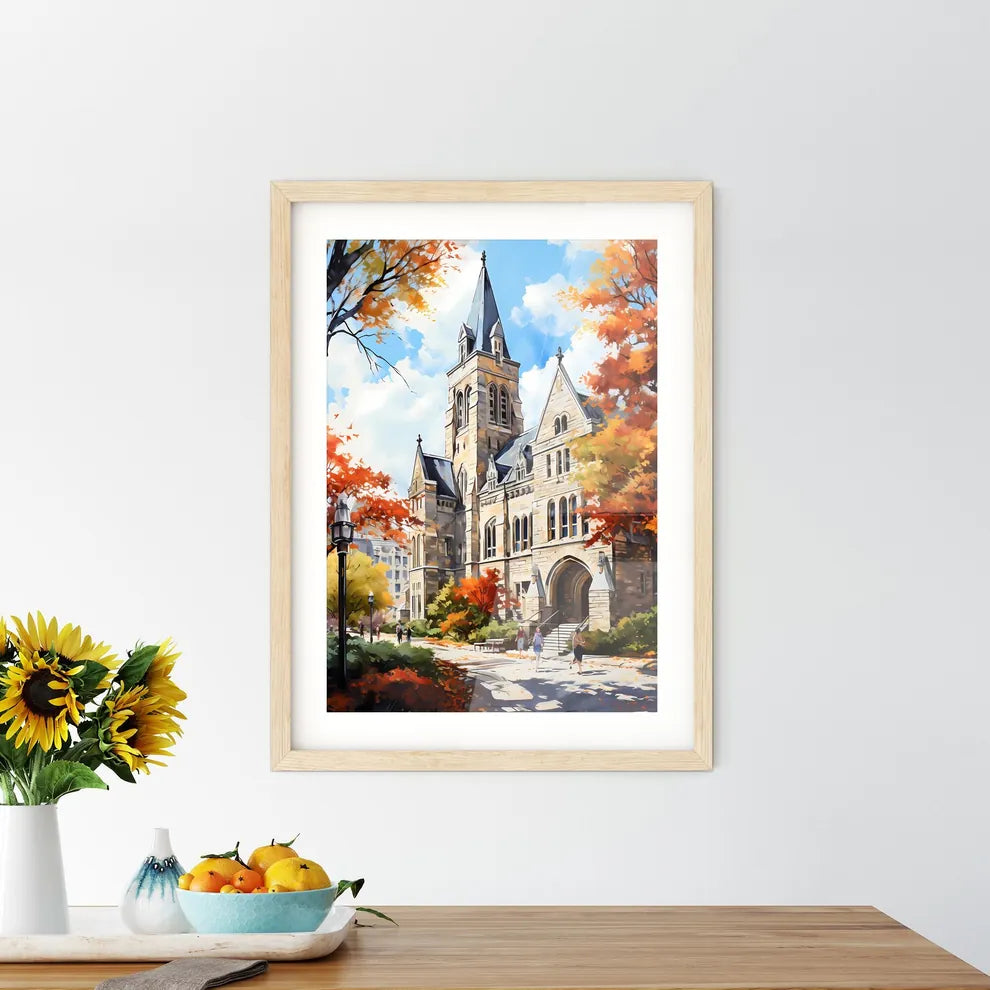 Building At Colgate University Located In - A Building With A Tower And A Walkway With Trees And People Walking Custom Print