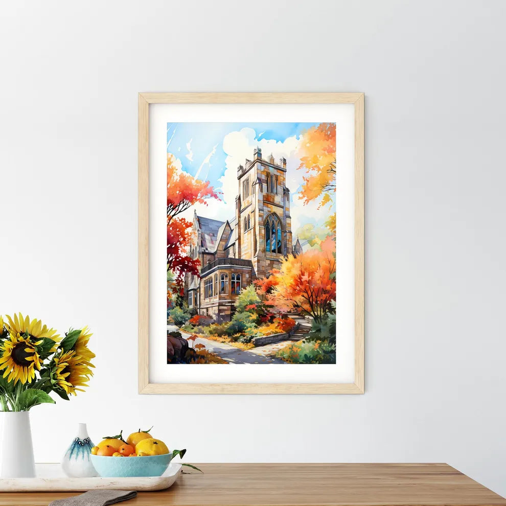 Building At Colgate University Located In - A Painting Of A Building With Trees And A Path Custom Print