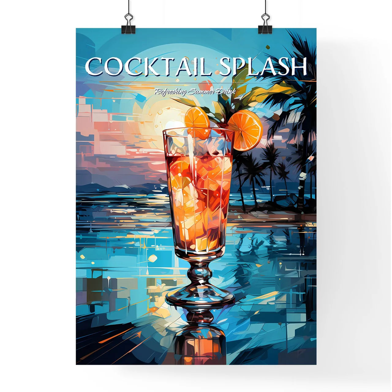 Colorful Cocktail In Front Of Attractive Blu Poster
