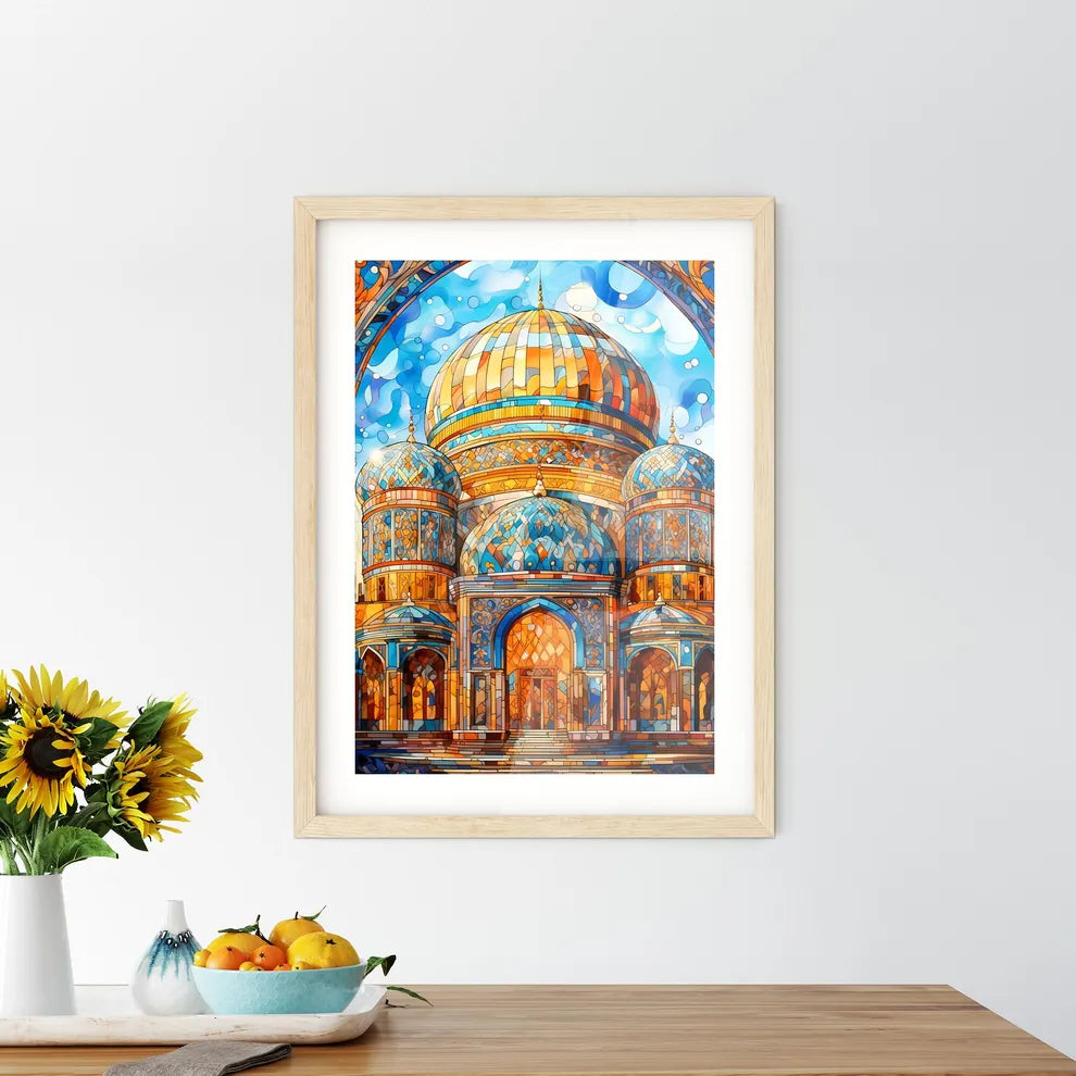 Dome Of The Mosque Oriental Ornaments From Samarkand - A Stained Glass Window With A Dome And Blue Sky Custom Print