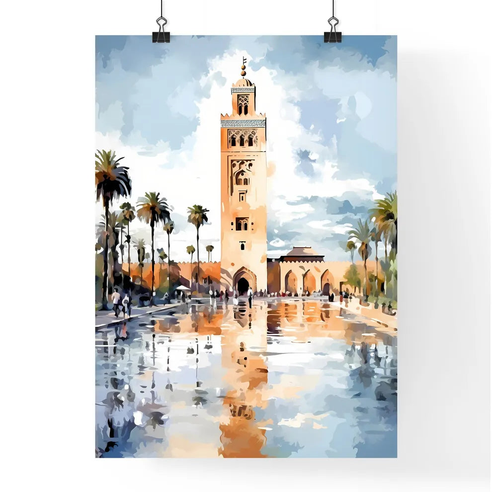 Famous Koutoubia Mosque In The City Of Marrakech - A Water Reflection Of A Building With A Tower And Palm Trees Poster