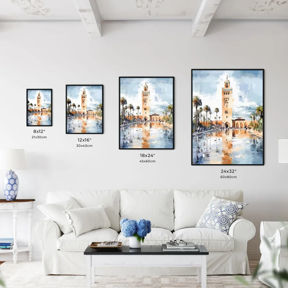 Famous Koutoubia Mosque In The City Of Marrakech - A Water Reflection Of A Building With A Tower And Palm Trees Size Chart