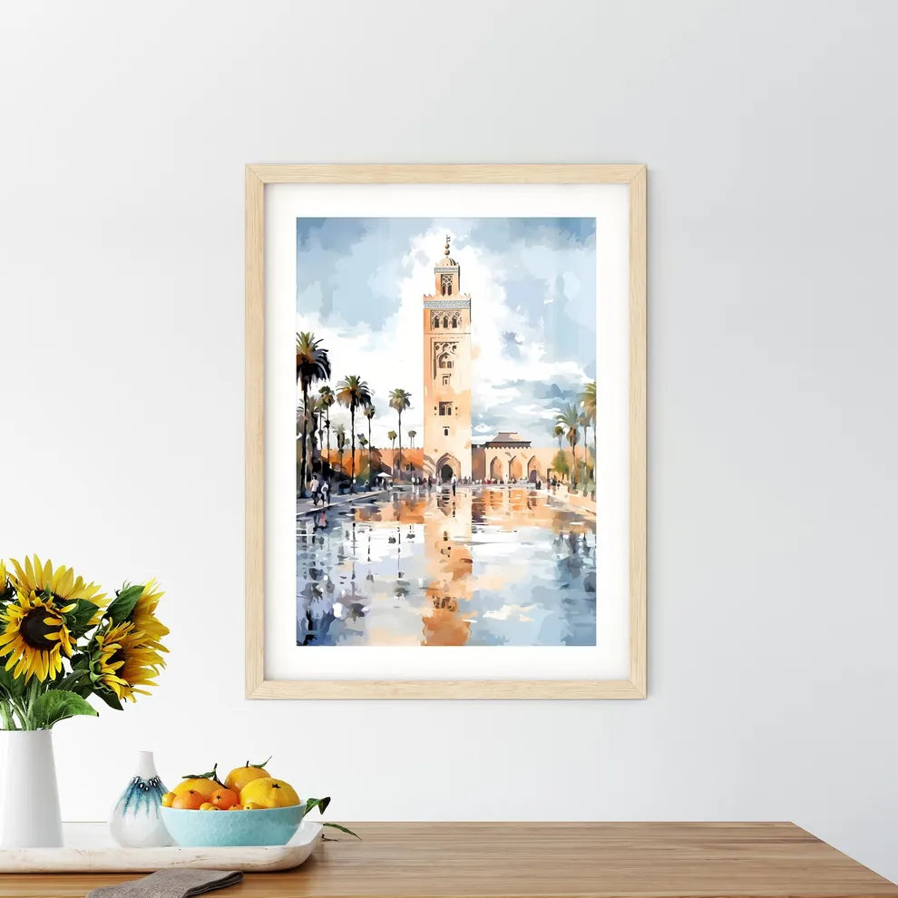 Famous Koutoubia Mosque In The City Of Marrakech - A Water Reflection Of A Building With A Tower And Palm Trees Custom Print
