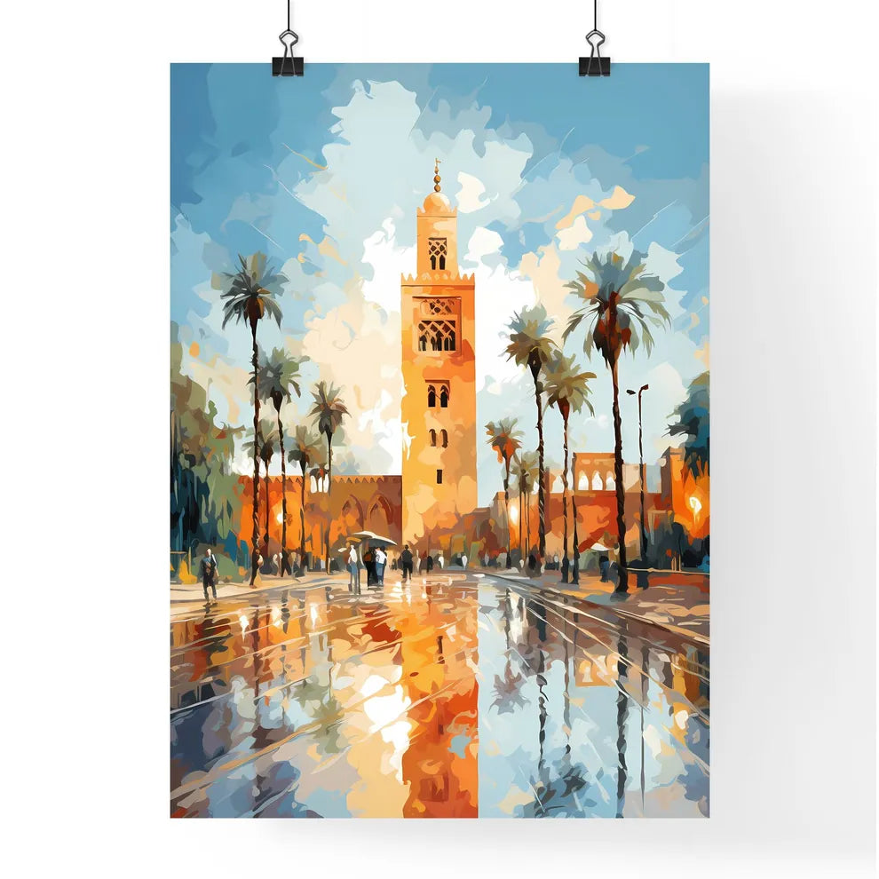 Famous Koutoubia Mosque In The City Of Marrakech - A Large Building With Palm Trees And A Tower Poster