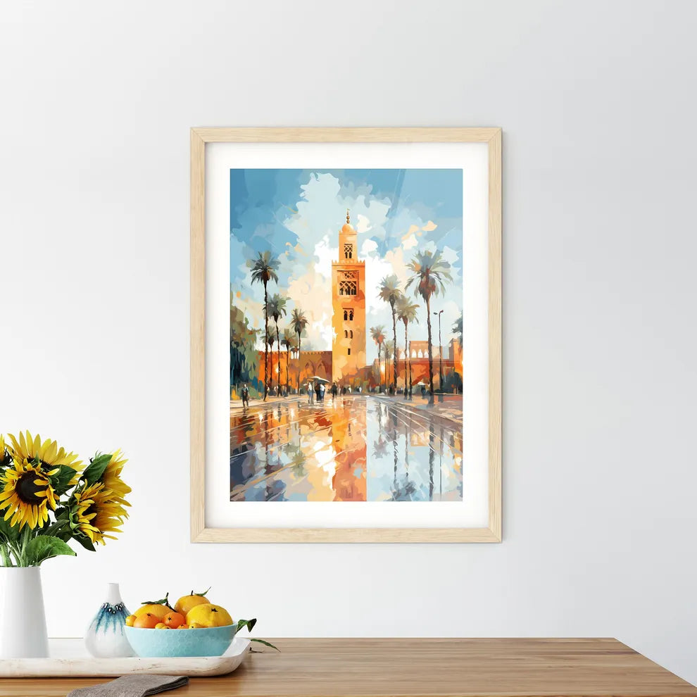 Famous Koutoubia Mosque In The City Of Marrakech - A Large Building With Palm Trees And A Tower Custom Print