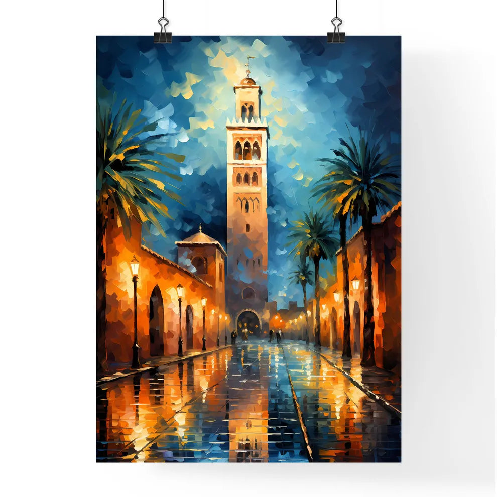 Famous Koutoubia Mosque In The City Of Marrakech - A Street With A Tall Tower And Palm Trees Poster