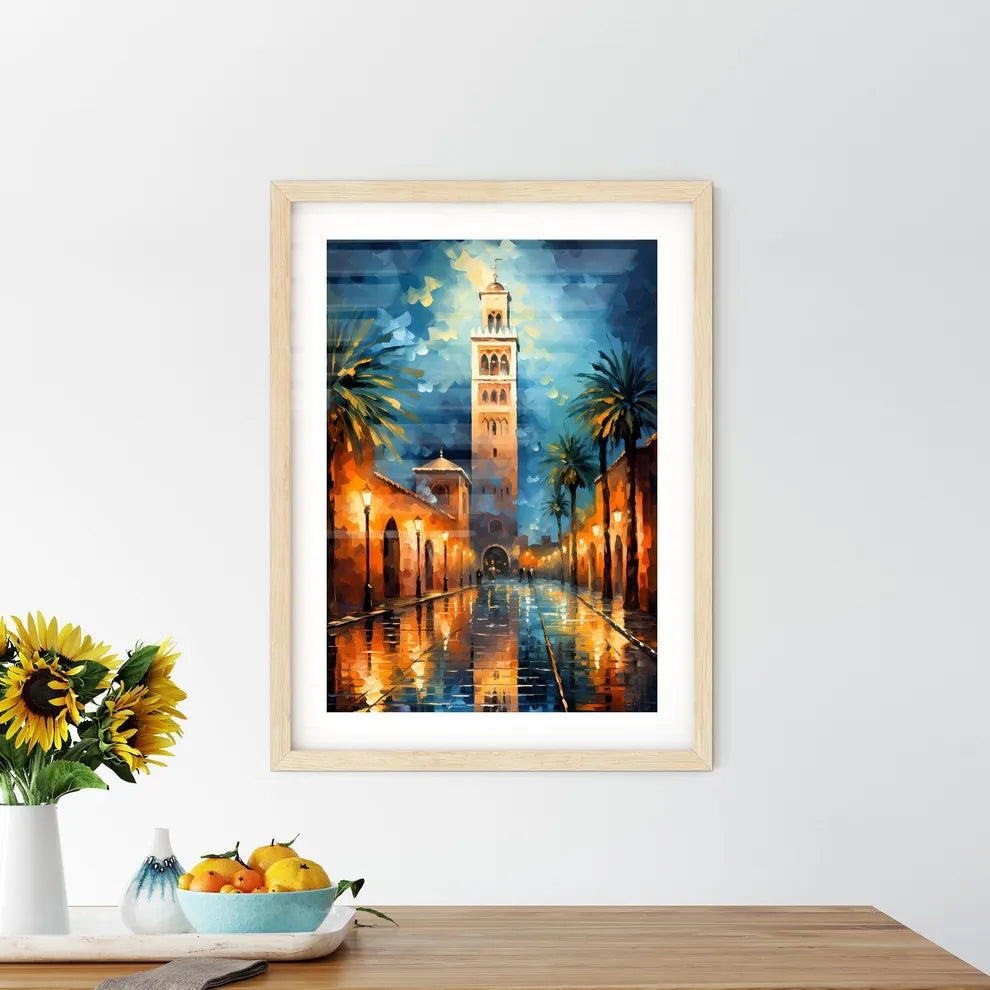 Famous Koutoubia Mosque In The City Of Marrakech - A Street With A Tall Tower And Palm Trees Custom Print