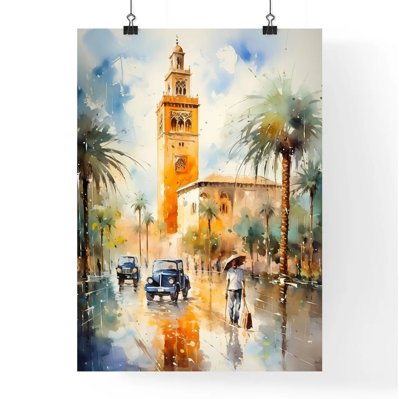 Famous Koutoubia Mosque In The City Of Marrakech - A Watercolor Painting Of A Street With Palm Trees And A Clock Tower Poster